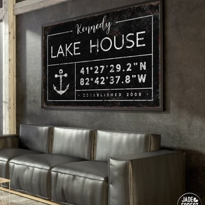 personalized lake house sign, rustic last name canvas for lakehouse, custom GPS location coordinates, black boho farmhouse wall art GDB image 9