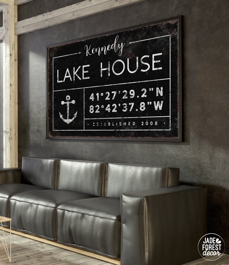 personalized lake house sign, rustic last name canvas for lakehouse, custom GPS location coordinates, black boho farmhouse wall art GDB image 9