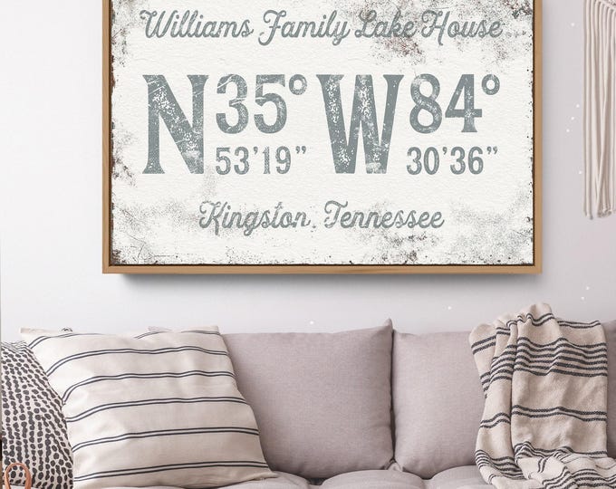 gray COORDINATES sign > personalized last name canvas, distressed wall art for modern lake house decor, custom GPS print {gpw}