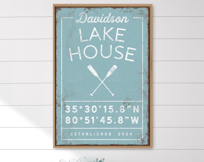 Personalized Lake House Sign: Custom Coordinates and Name (Canvas or Paper)