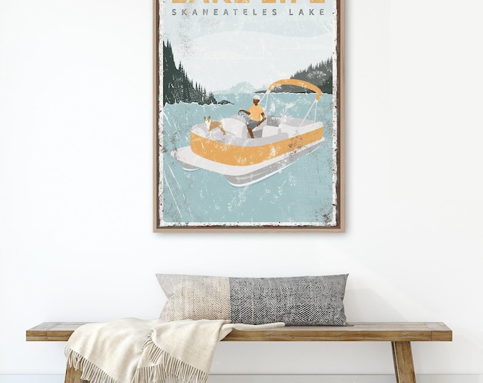 Lake Life Sign, Gold Pontoon Boat And Dog Vintage Lake House Wall Art Decor