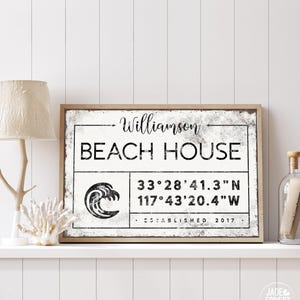 May include: A rectangular sign with a distressed white background and black text reading Williamson BEACH HOUSE, featuring a wave graphic, coordinates 33°28'41.3"N 117°43'20.4"W, and the text ESTABLISHED 2017, all enclosed in a thin wooden frame.