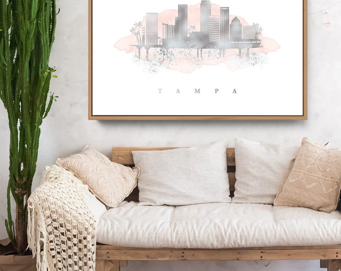 Tampa Skyline Wall Art: Blush Watercolor and Faux Metallic Silver - Framed Canvas