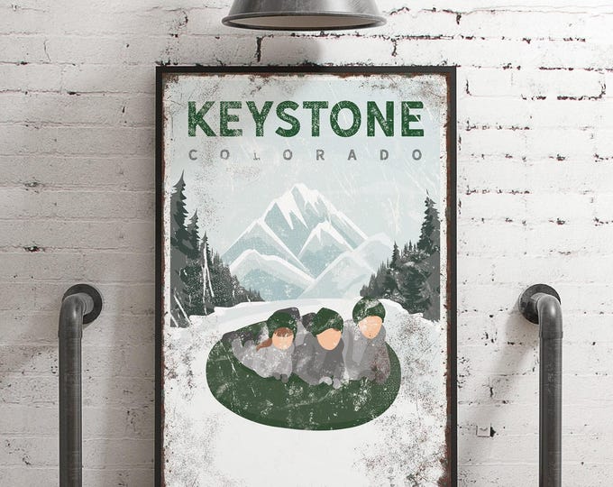 Personalized FAMILY SNOW TUBING Poster, for Ski House Decor, Vintage Winter Wall Print in Green Accent, Keystone Colorado Wall Art {vph}