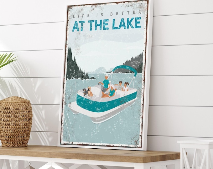 Family Lake Sign, Teal Pontoon Boat Wall Art, Personalized Lake House Decor for Boat Owners
