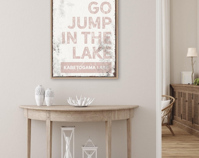 Go Jump In The Lake, Custom Lake Name Banner Sign, Blush Pink And Cream Wall Art