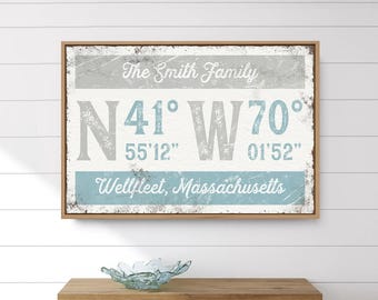 Latitude and Longitude Canvas Print, Distressed Blue Gray (Custom Text)