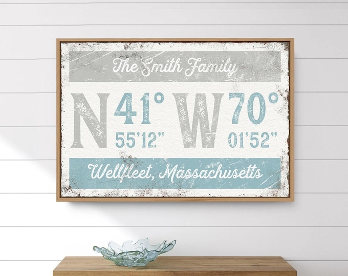 Latitude and Longitude Canvas Print, Distressed Blue Gray (Custom Text)
