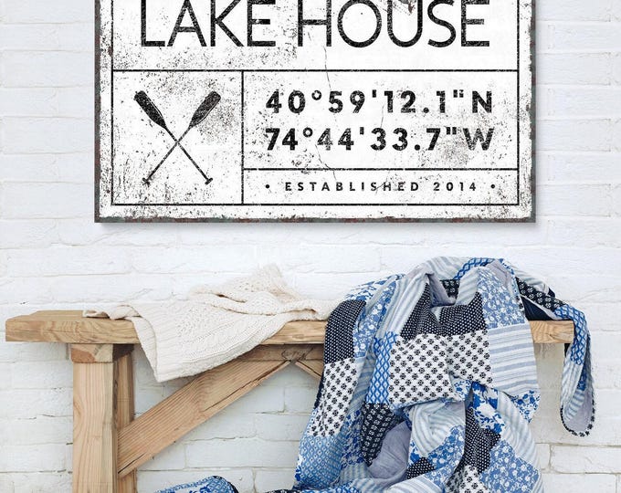 Modern Farmhouse, Family Name Sign, Lake House Sign Canvas, Rustic Nautical Decor, Custom GPS Coordinates, Unique Gift Idea {gdw}