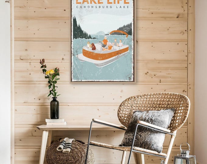 personalized FAMILY pontoon boat sign, LAKE LIFE, Canonsburg Lake canvas print, family of four with two dogs, orange lake house decor {vpl}