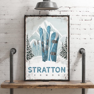 Cerulean Snowboarding Lodge Art, Stratton Vermont Poster, Custom Winter Home Decor, Framed Snowboard Gift for Her, Stratton Vermont Wall Art