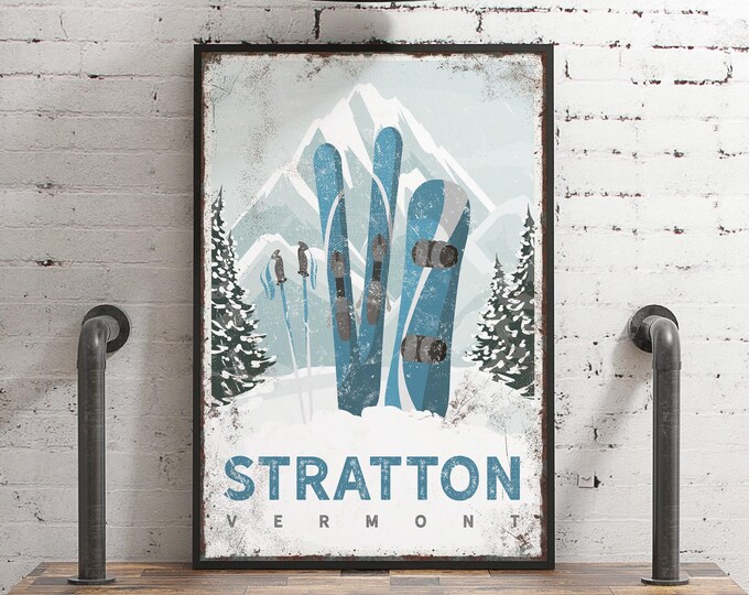 Cerulean Snowboarding Lodge Art, Stratton Vermont Poster, Custom Winter Home Decor, Framed Snowboard Gift for Her, Stratton Vermont Wall Art