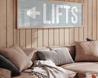 Mountain Chalet Ski Sign, LIFTS Arrow, Weathered Wood Look (Customizable)