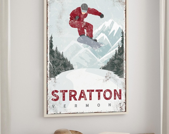 Vintage Snowboard Wall Art: Custom Mountain Print, Distressed Style