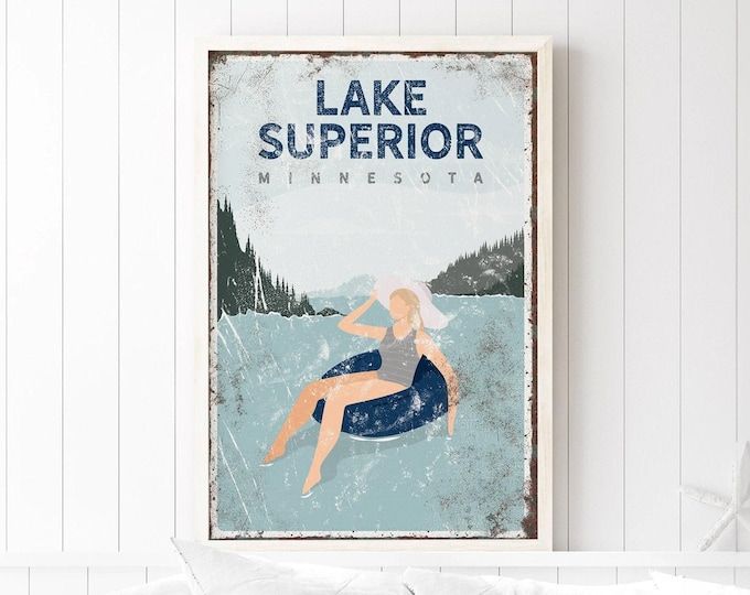 Lake Superior Wall Decor: Vintage Coastal Print (Canvas, Aluminum, Framed)
