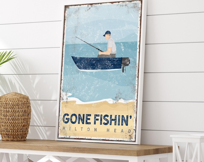 Vintage GONE FISHING Sign, Man on Fishing Boat Poster, Can be Personalized, Retro Hilton Head Fishing Boat Art, Fishing Gift for Dad {vpb}