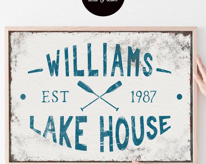 Vintage Lake House Sign, Boating Theme, Distressed Blue (Custom Name & Year)