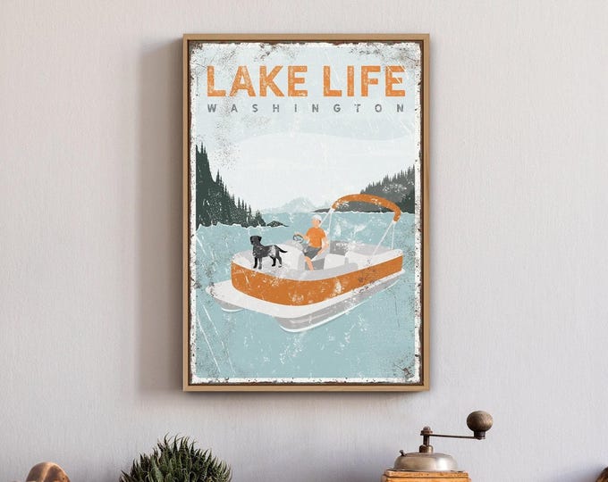 orange LAKE LIFE canvas • personalized PONTOON boat art for lake house decor • vintage farmhouse poster with Black Labrador {vpl}