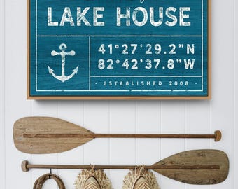 Lakehouse Family Name Sign, Nautical Anchor Blue Green (Custom Sizes)