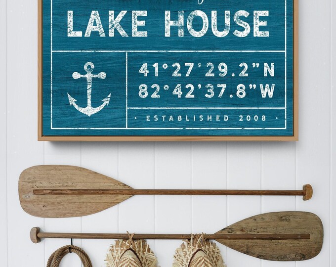 Lakehouse Family Name Sign, Nautical Anchor Blue Green (Custom Sizes)