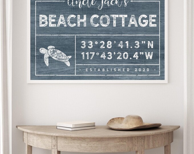Beach Cottage, Canvas Sign, Sea Turtle Art, Coastal Wall Decor, Personalized Coordinates, Vintage Style Framed Print for Beachhouse {gdo}