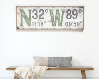 Coordinates Wall Art: Latitude & Longitude Sign (Green Slate Gray Canvas)