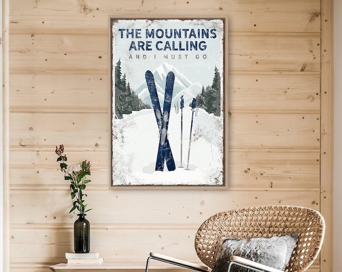 The MOUNTAINS ARE CALLING Poster, Custom Ski Mountain Wall Art, Ski Gift for Boyfriend, Navy Blue Ski House Decor, Vintage Ski Poster {vpw}