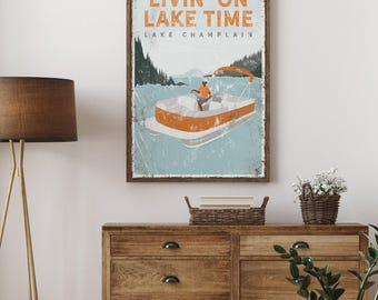 Lake Time Wall Art, Pontoon Boat, Vintage Style (Custom Text)