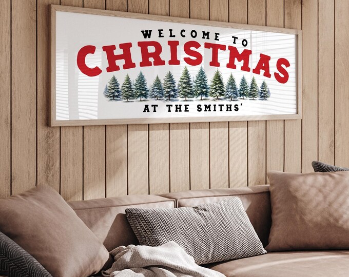 Farmhouse Wall Art, Personalized Welcome to Christmas at the Family Sign, Snowy Pines in Red