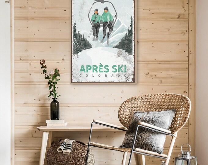 Pine Green Sign of Skiers on a Chairlift, Personalized Ski Resort Name