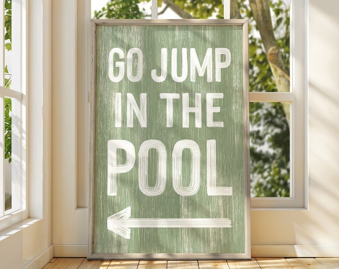 Go jump in the POOL sign with left arrow, seagrass green vacation home decor, directional arrow sign, faux weathered wood canvas print {pwo}