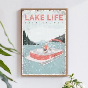 Coral Lake Life Canvas, Personalized Pontoon Boat, Vintage Lake Keowee Poster, Rustic Wall Decor, Custom Farmhouse Art {VPL}