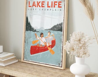 Red personalized CANOE couple • LAKE LIFE • Lake Champlain • canvas • Aluminum •  canoeing • art for lake house decor • vintage poster {vpl}