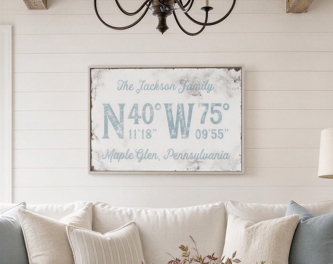 Modern Farmhouse, Family Name Sign, Latitude Longitude, Personalized Coordinates Canvas, Custom GPS Print, Wall Art Gift