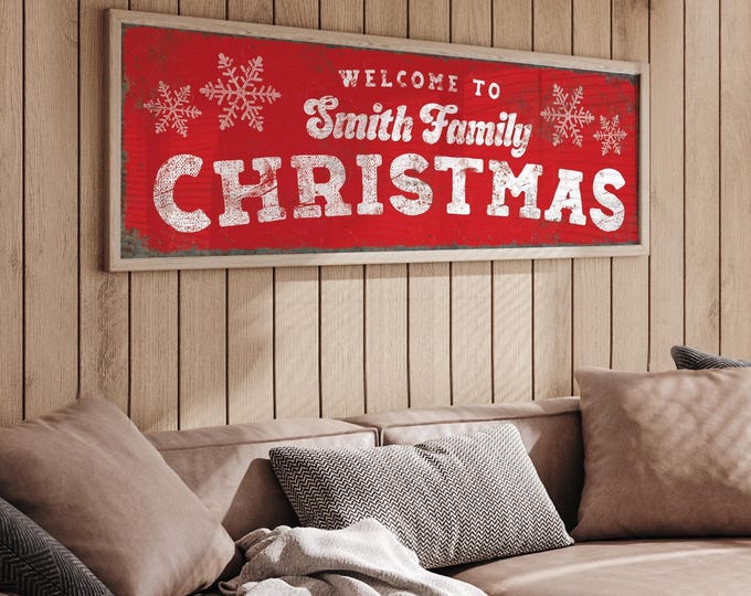 Custom Christmas Sign: Family Name, Rustic Style - Canvas or Print