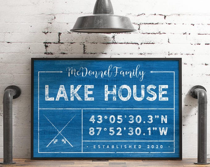 Custom Lake House, Personalized Sign, Fishing Rod Art, Royal Blue Canvas, Family Name Decor, Vintage Lake Poster, Latitude Longitude Print