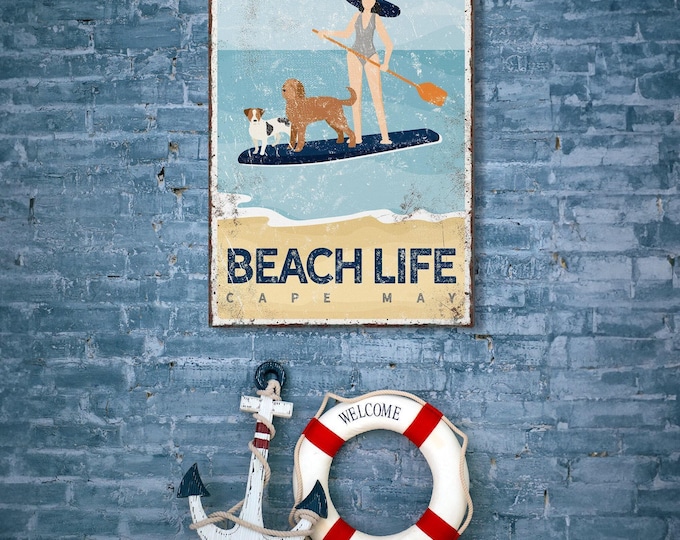 Beach Paddleboard Wall Art: Jack Russell & Labradoodle - Custom Text