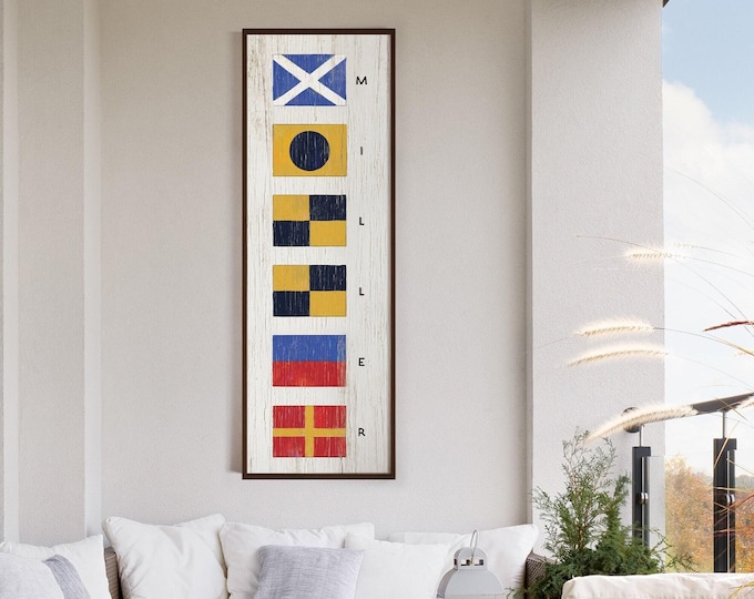 Nautical Flags Sign: Custom Name, Rustic Beach House Decor