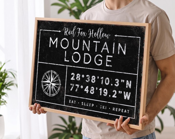 Personalized Mountain Lodge Sign: Custom Family Name & Coordinates