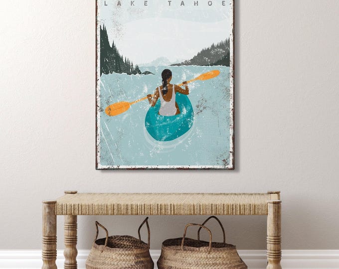 vintage LAKE LIFE sign > teal kayak poster for vintage lake house decor, custom kayaking gift for her, personalized Lake Tahoe art {vpl}