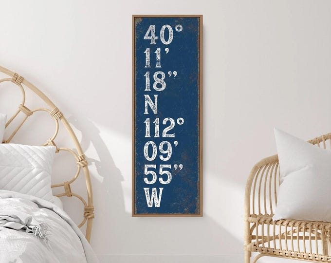 Custom Coordinates, Vintage Nautical Art, Navy Blue Wall Art, Personalized GPS Canvas, Retro Typography Sign, Modern Farmhouse Decor