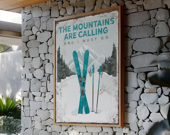 Retro Ski Wall Art, Teal Mountain Scene (Personalized Print)