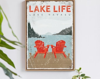 Lake Life Wall Art, Adirondack Chairs, Vintage Style (Custom Text)