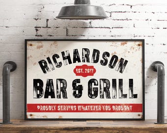 Vintage Bar and Grill Sign, Personalized Aluminum Sign for Outdoor Patio, Custom Man Cave Wall Art, Large Metal Family Name Bar Sign {hpa}