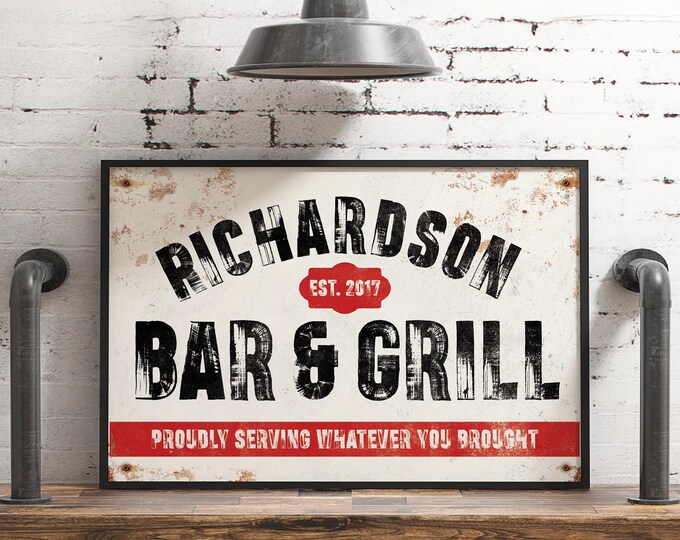 Vintage Bar and Grill Sign, Personalized Aluminum Sign for Outdoor Patio, Custom Man Cave Wall Art, Large Metal Family Name Bar Sign {hpa}