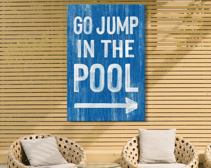 Directional Pool Sign: Ocean Blue with Right Arrow - Rustic Wood Look