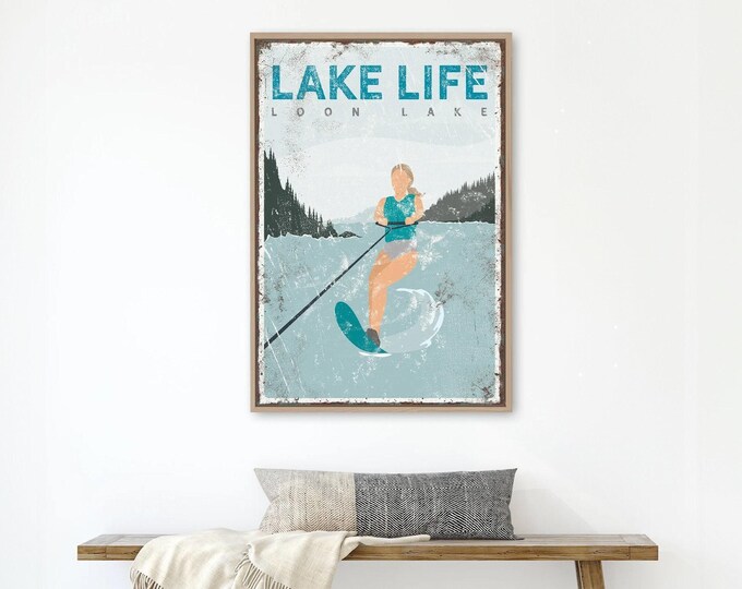 Lake House Wall Art, Vintage Water Skiing Sign, Teal Blue (Custom Text)
