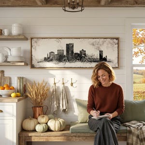 A woman sits on a bench in a cozy kitchen, writing on a notebook. The kitchen features a rustic wooden bench, a large framed cityscape artwork, and various kitchen items such as a bowl, a vase, and a basket of pumpkins.