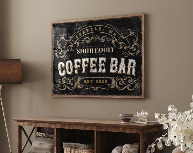 Coffee Bar Sign, Personalized Kitchen Coffee Station Print, Custom Name Wall Art