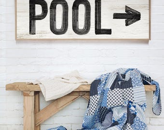 Pool Sign: Weathered White Distressed Wood (Custom Text & Arrow Direction)